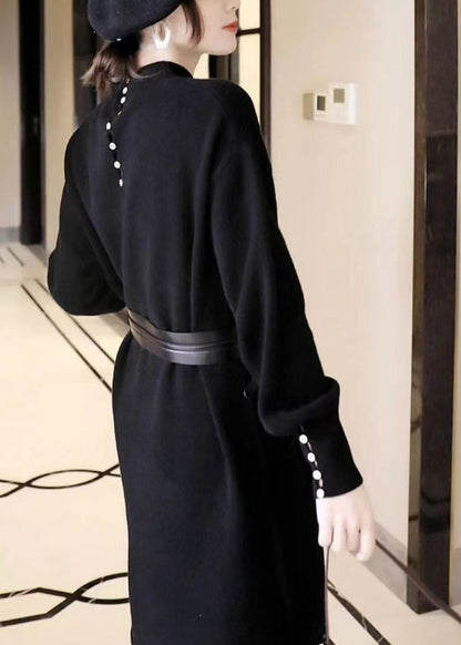 Black Stand Collar Tie Waist Patchwork Knit Sweater Dress Fall