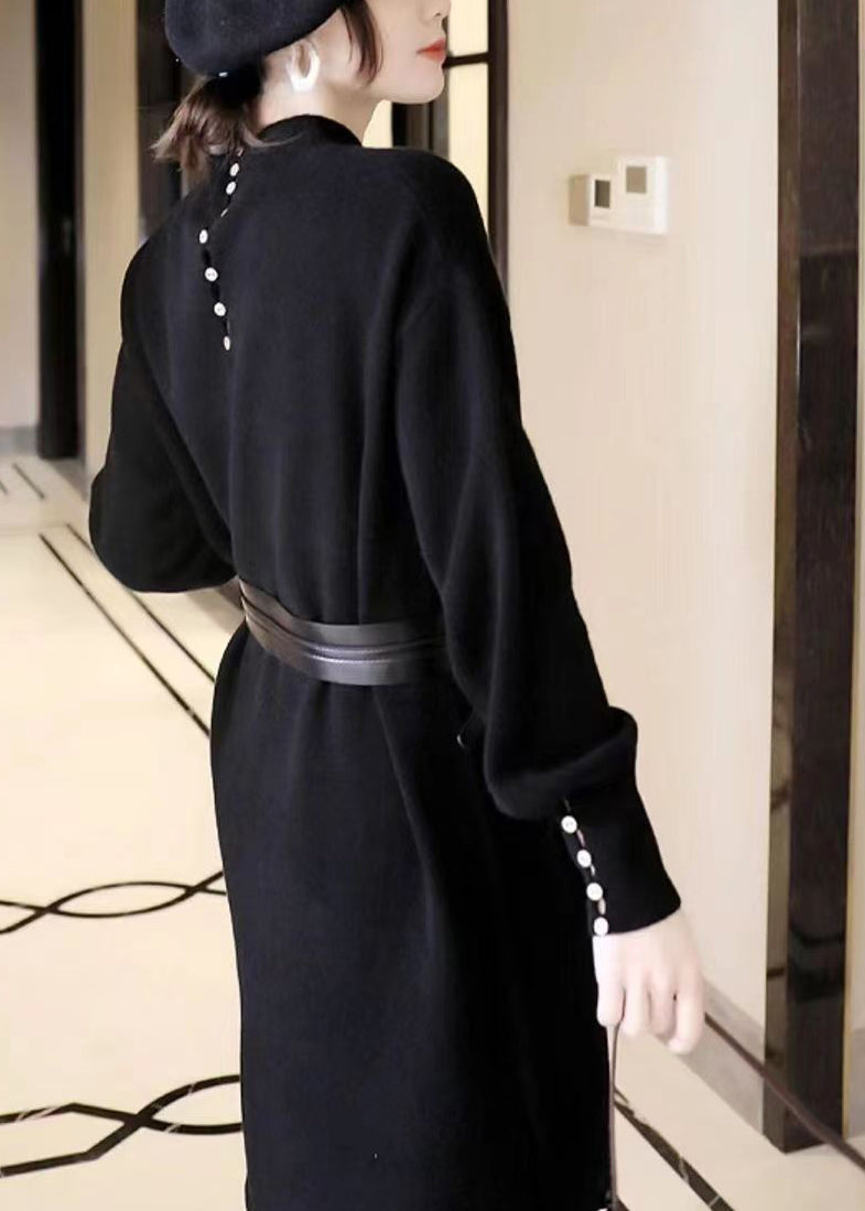 Black Stand Collar Tie Waist Patchwork Knit Sweater Dress Fall