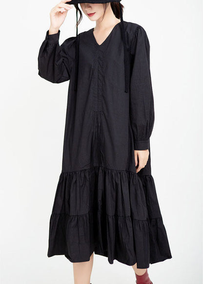 Handmade Black V Neck Patchwork Ruffles Drawstring Fall Maxi Dresses Long Sleeve