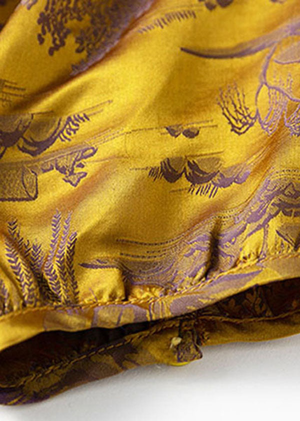 Yellow Jacquard Side Open Draping Silk Shirt Tops Short Sleeve