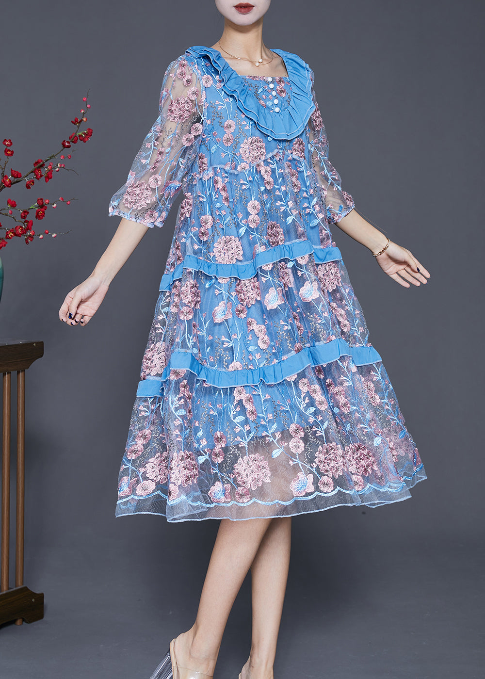 Modern Lake Blue Ruffled Patchwork Embroideried Tulle Dress Summer
