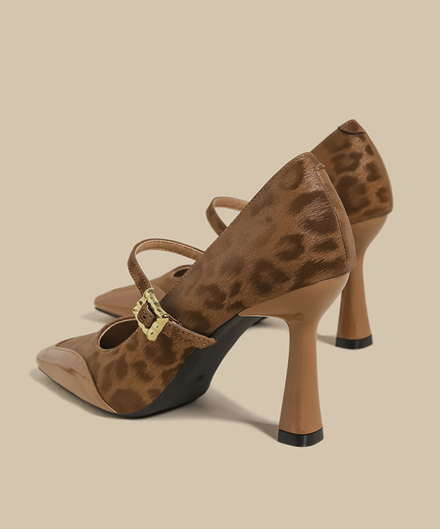 Brown Leopard Buckle Strap Splicing Stiletto High Heels Shoes
