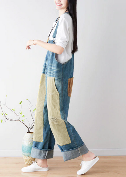 Natural Blue Pockets Patchwork Denim Jumpsuits Spring