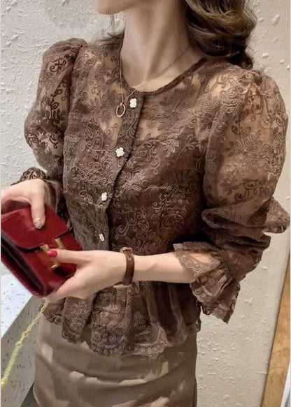 Chocolate Lace Coat Spaghetti Strap Top Sets Two Pieces Ruffled Flare Sleeve