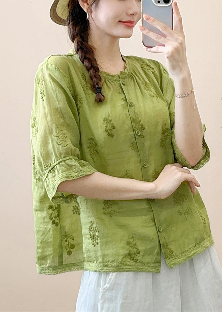 Green Embroideried Patchwork Linen Shirt Summer