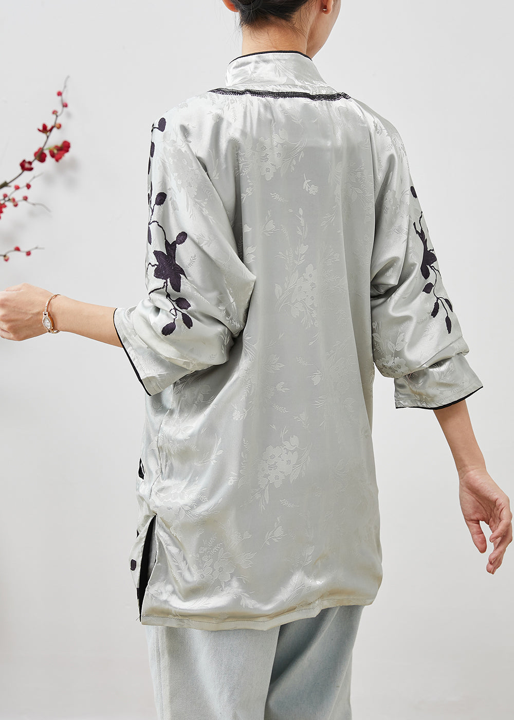 Grey Mandarin Collar Jacquard Silk Shirts Spring