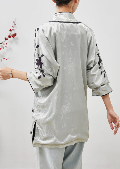 Grey Mandarin Collar Jacquard Silk Shirts Spring