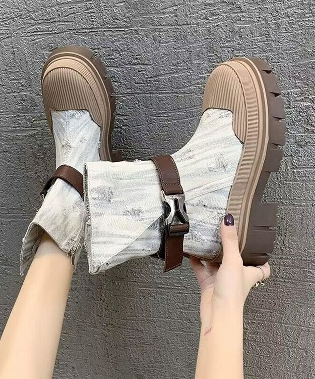 British Style Light Blue Platform Thin Denim Martin Boots for
