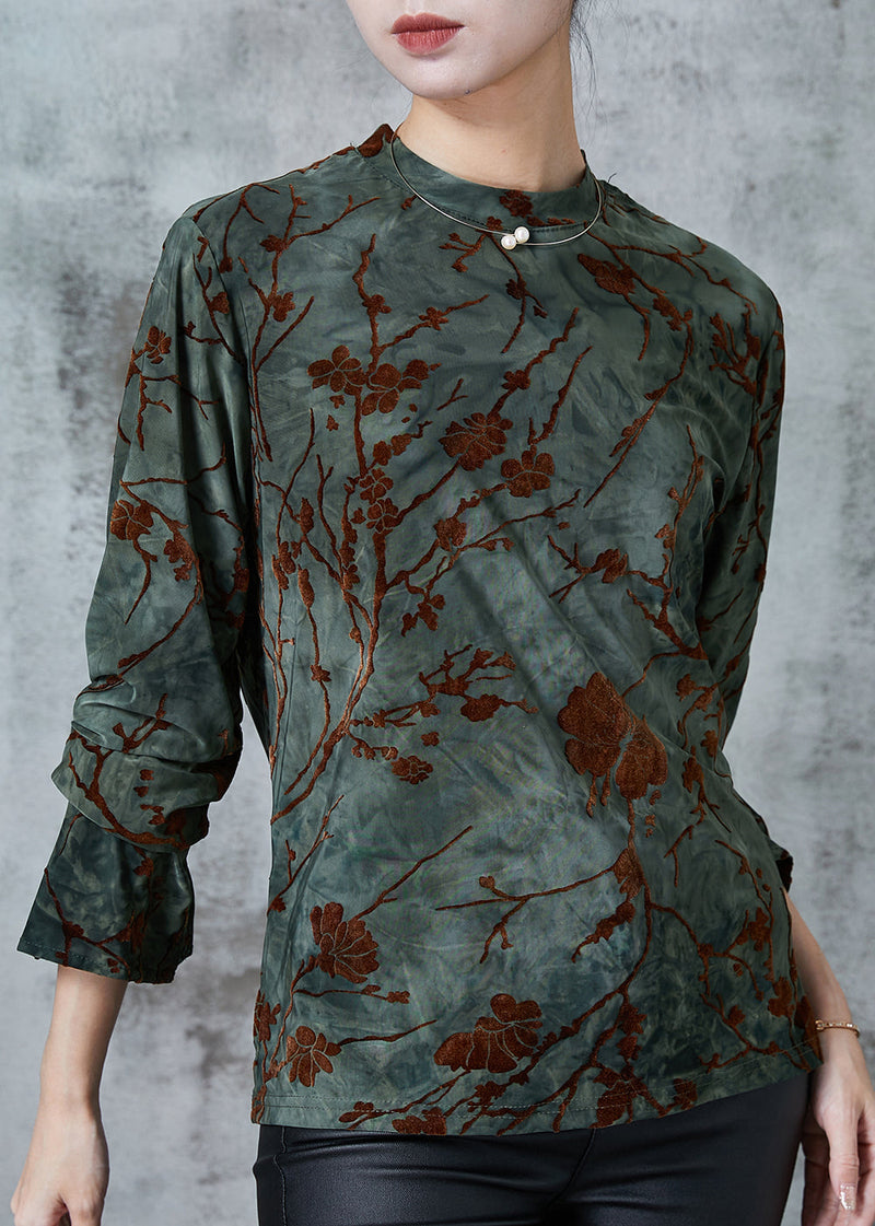 Blackish Green Jacquard Silk Velour Shirts Spring
