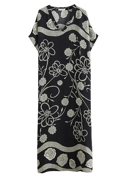 Black Print V Neck Batwing Sleeve Robe Spring Dress