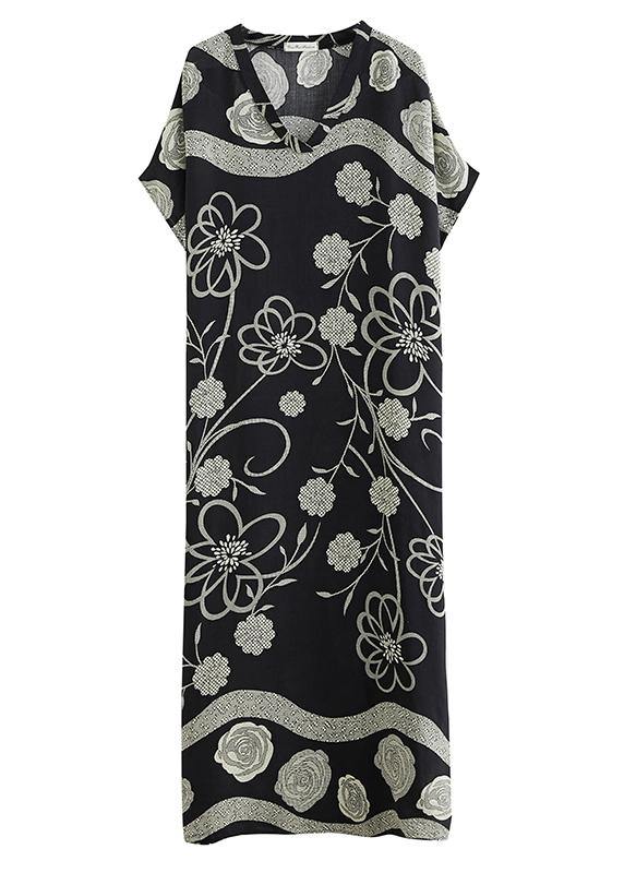 Black Print V Neck Batwing Sleeve Robe Spring Dress