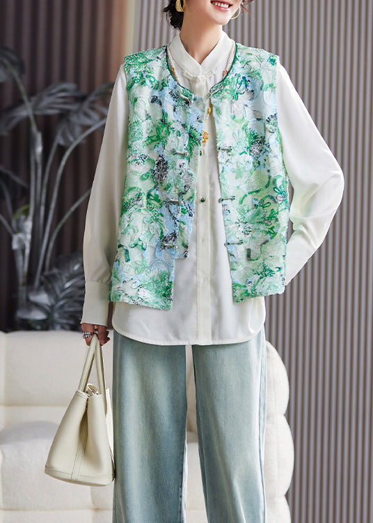 Green Embroideried Sequins Vest Tops Sleeveless