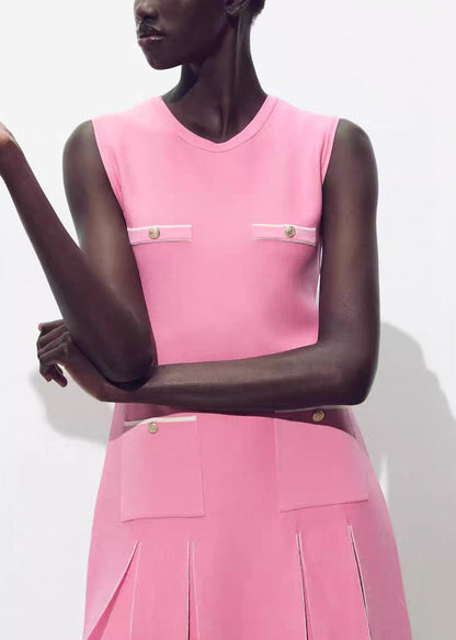 Pink O Neck Wrinkled Knit Mini Dresses Sleeveless