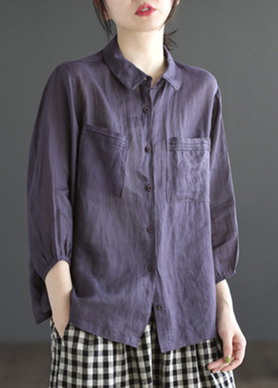 Loose Purple Peter Pan Collar Patchwork Button Ramie Shirt Long Sleeve