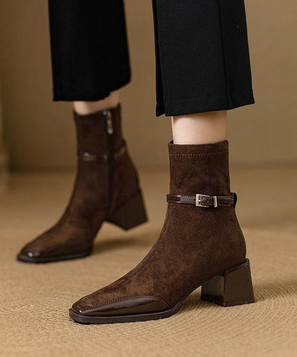 Brown Zippered Chunky Suede Splicing Boots
