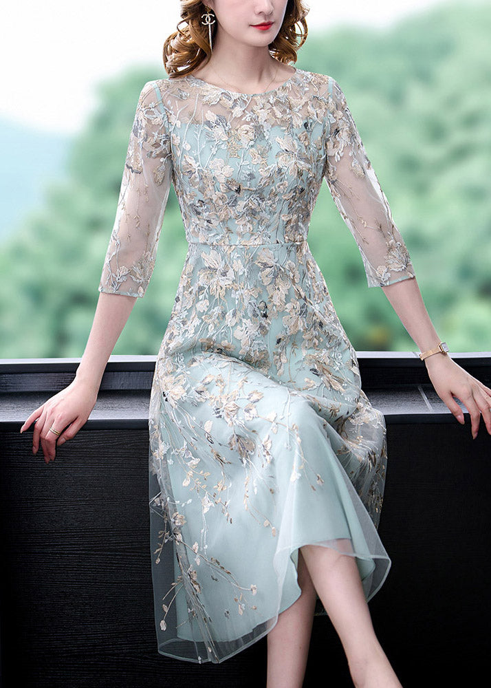 Water Blue O-neck Embroideried Tunic Organza Long Dress Half Sleeve