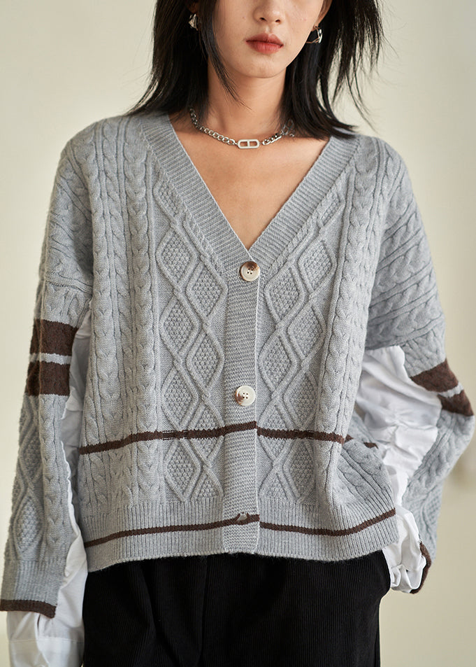 Grey V Neck Button Patchwork Cotton Knit Top Fall