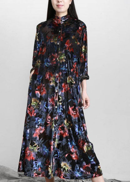Black Print Button Pockets Vacation Dresses Fall
