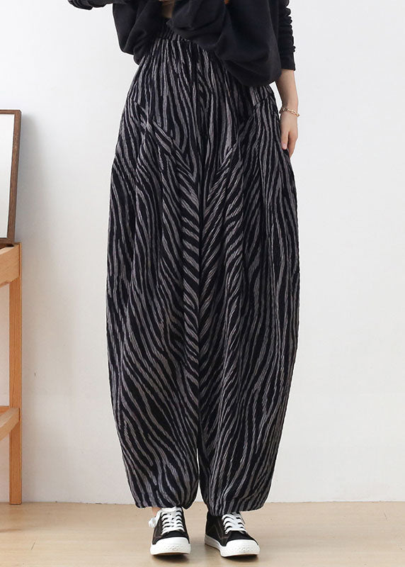 Black Grey Elastic Waist Pockets Cotton Harem Pants Spring