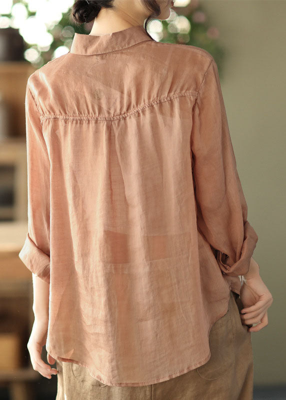 Classy Khaki Embroideried Ramie Top Long Sleeve