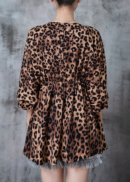 Modern Leopard Print Cinched Exra Large Hem Chiffon Tops Fall