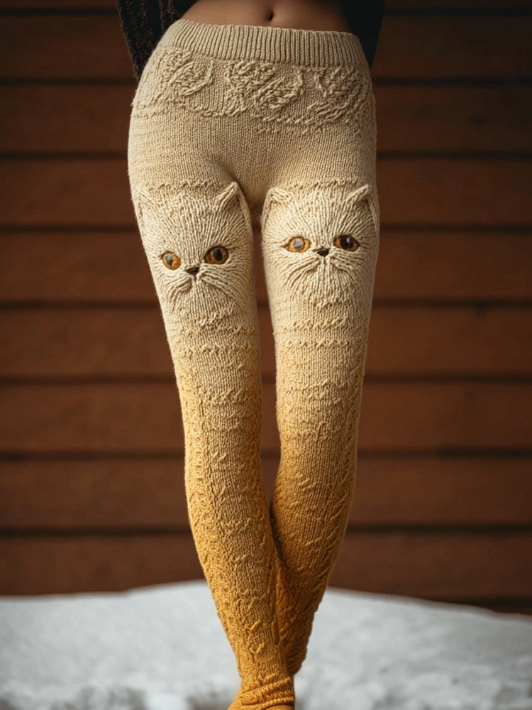 Cute Cats Embroidered Gradient Cozy Knit Leggings elevenforest
