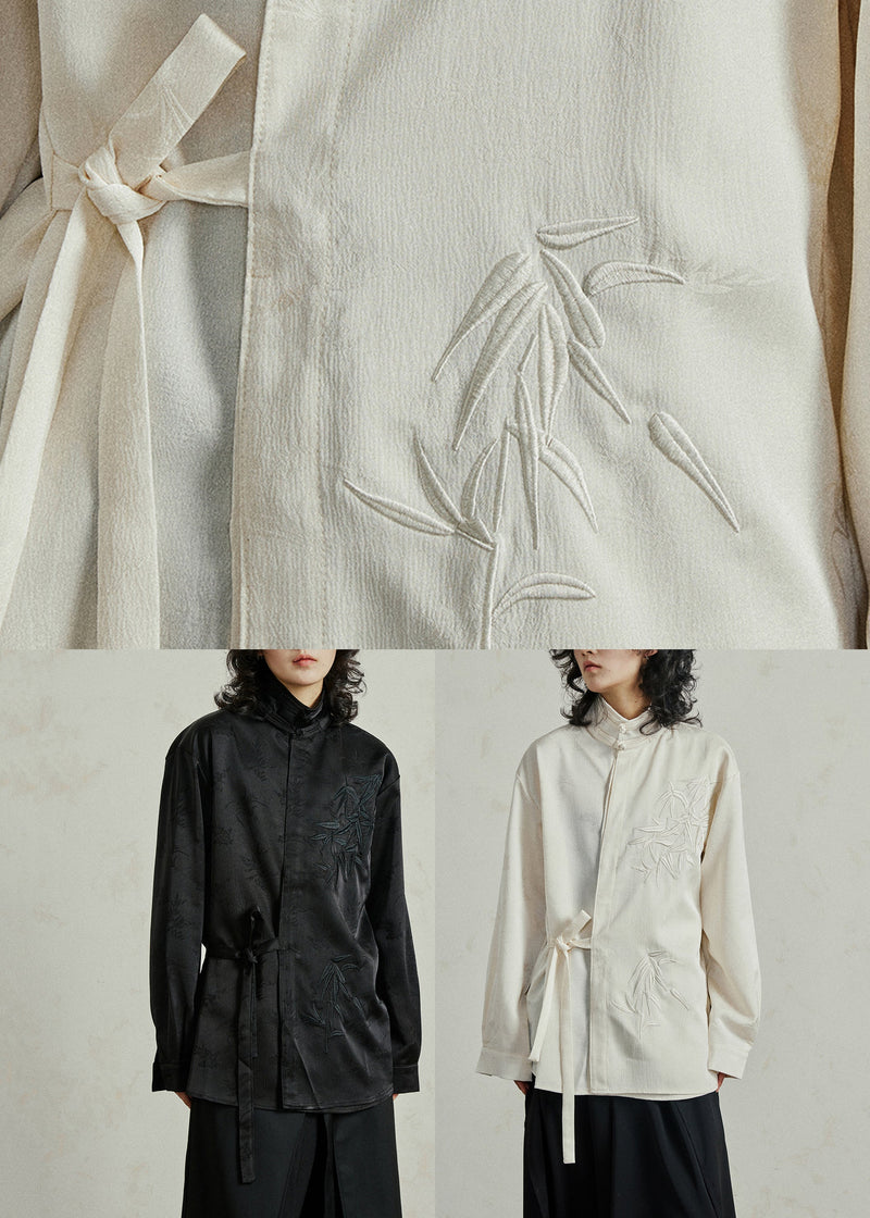 Black Shirt Embroidered Tie Waist Fall