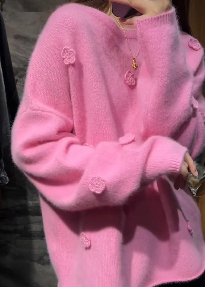Pink Thick Cotton Knit Sweaters Long Sleeve