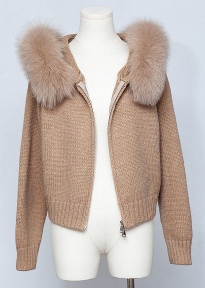 Coffee Zippered Patchwork Knit Fall Coats Hooded