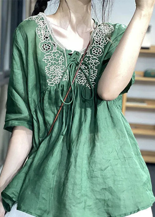 Green Embroideried Patchwork Lace Up Linen Top Short Sleeve