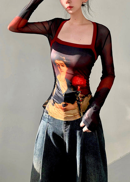 Oil Painting Style Square Neck Slim Fit T Shirt Fall