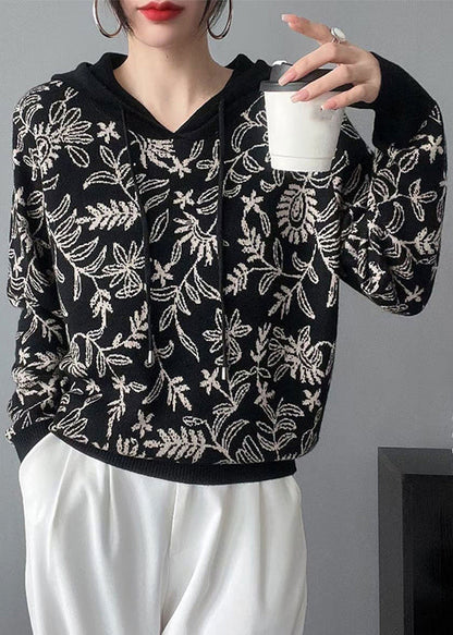 New Grey Hooded Print Patchwork Knit Sweaters Long Sleeve