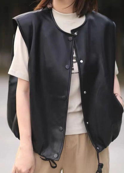New Black O-neck Drawstring Faux Leather Vest Sleeveless