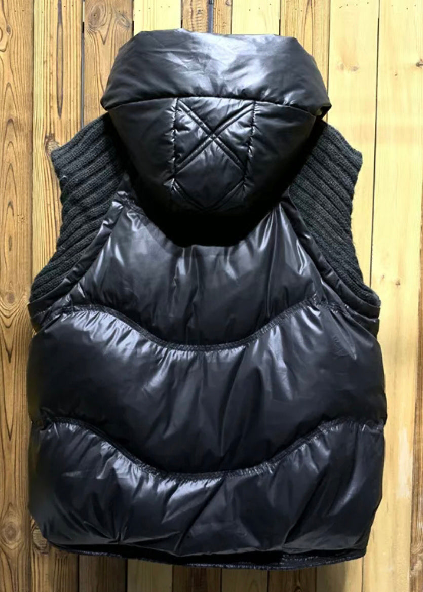 Black Hooded Pockets Knit Patchwork Duck Down Waistcoat Sleeveless