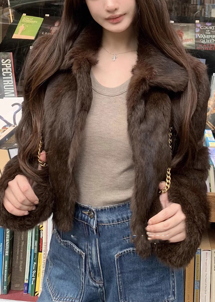 Boutique Coffee Peter Pan Collar Leather and Fur Jackets Spring