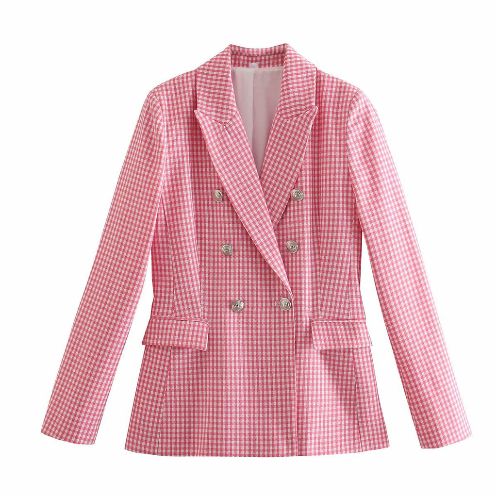 Check Set Double-Breasted Mid-Length Coat