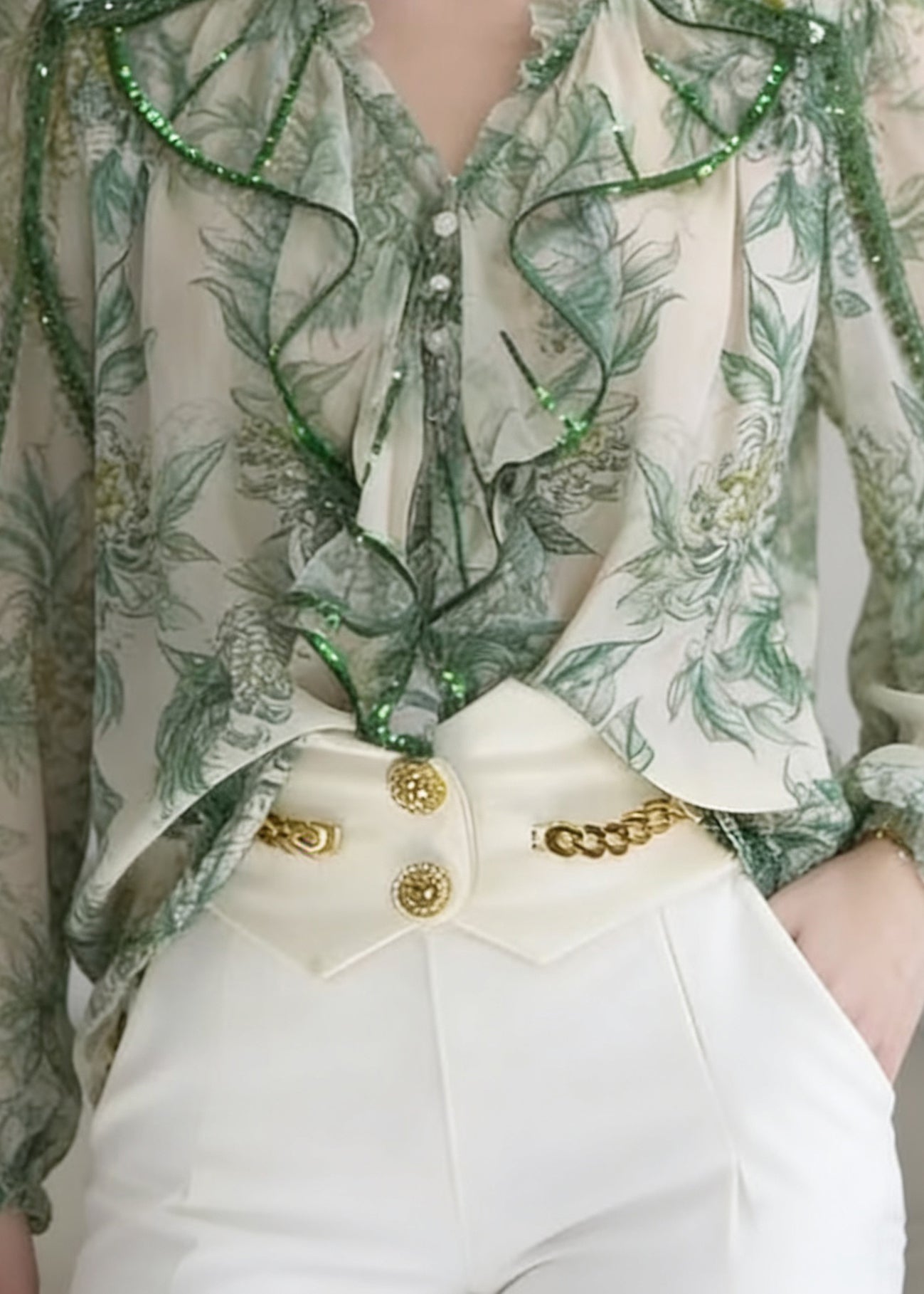 Stylish Green Ruffled Print Patchwork Chiffon Blouse Spring