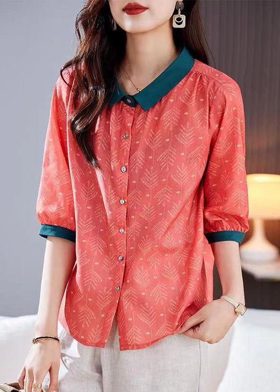 Red Peter Pan Collar Print Patchwork Linen Shirts Top Summer