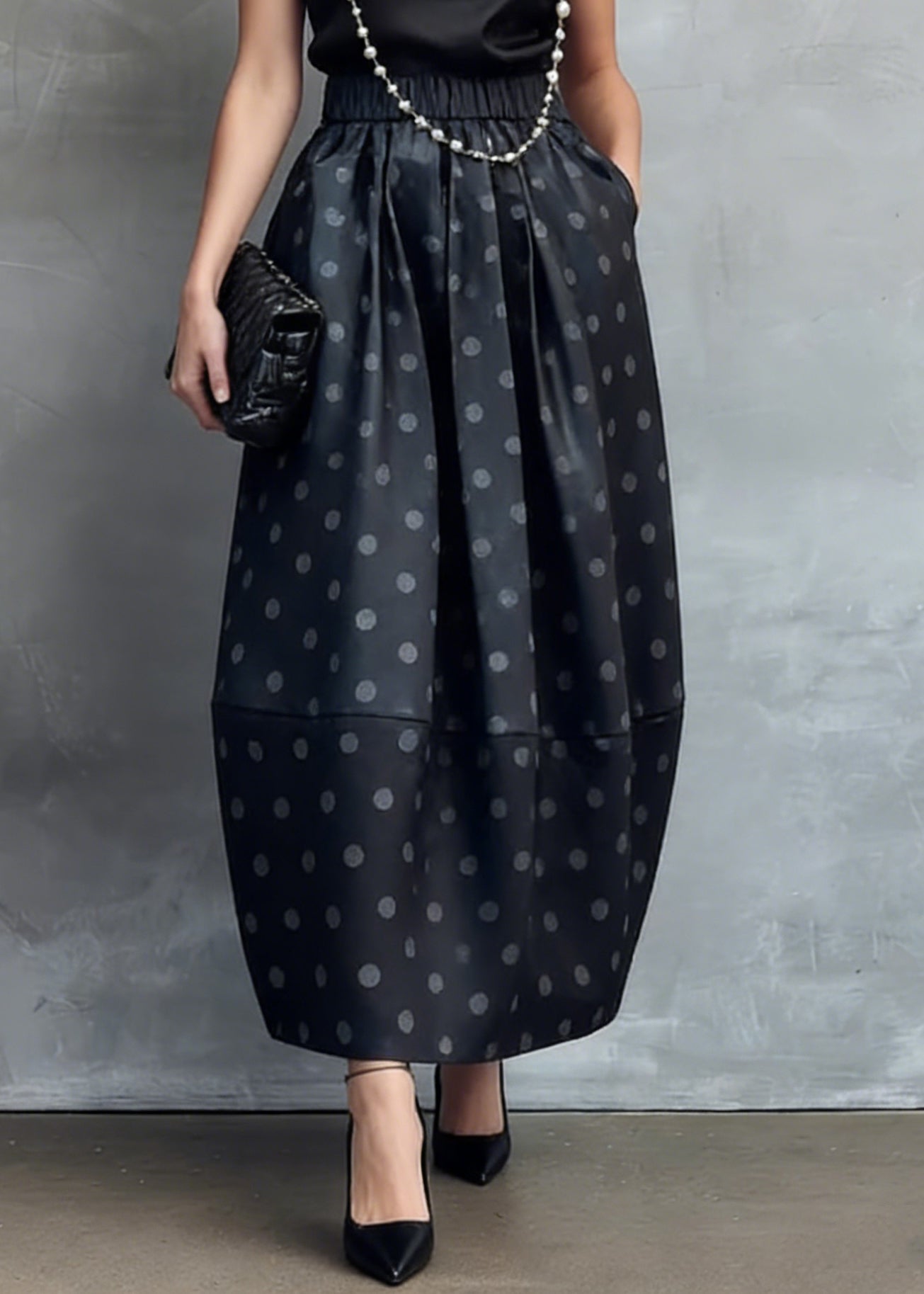 Chinese Style Black Stand Collar Shirts and Dot Skirts Silk Two Piece Set Summer