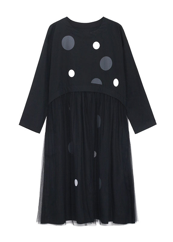 Art Black Pockets Patchwork Tulle Print Fall Vacation Dresses Long Sleeve