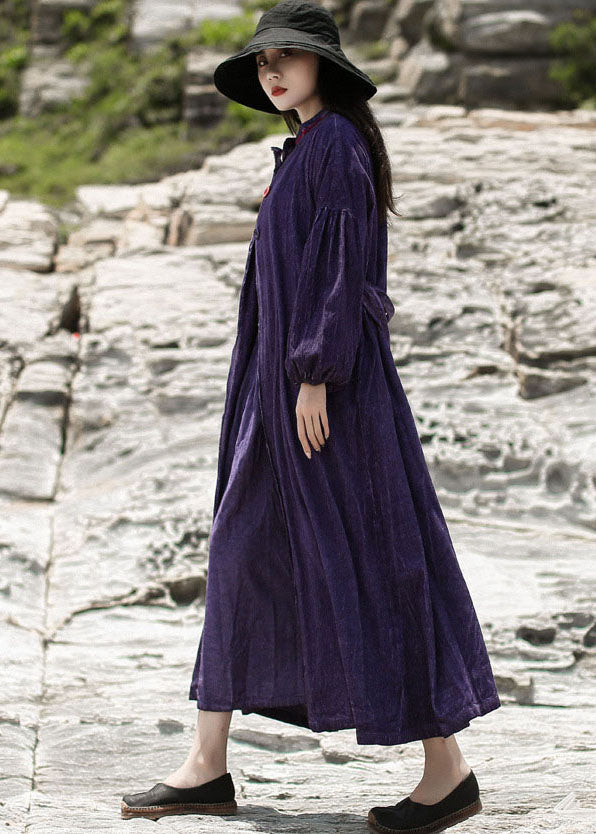 Purple Embroideried Pockets Corduroy Dress Spring