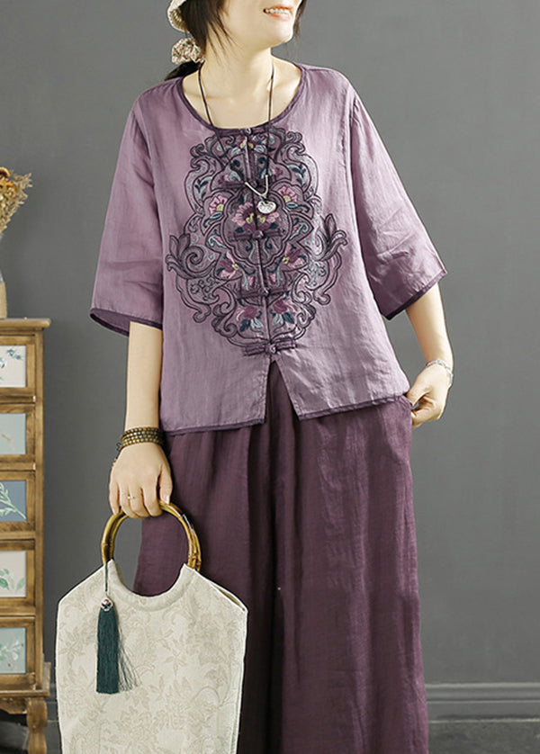Chinese Style Purple O-neck Embroideried Linen Shirt Summer