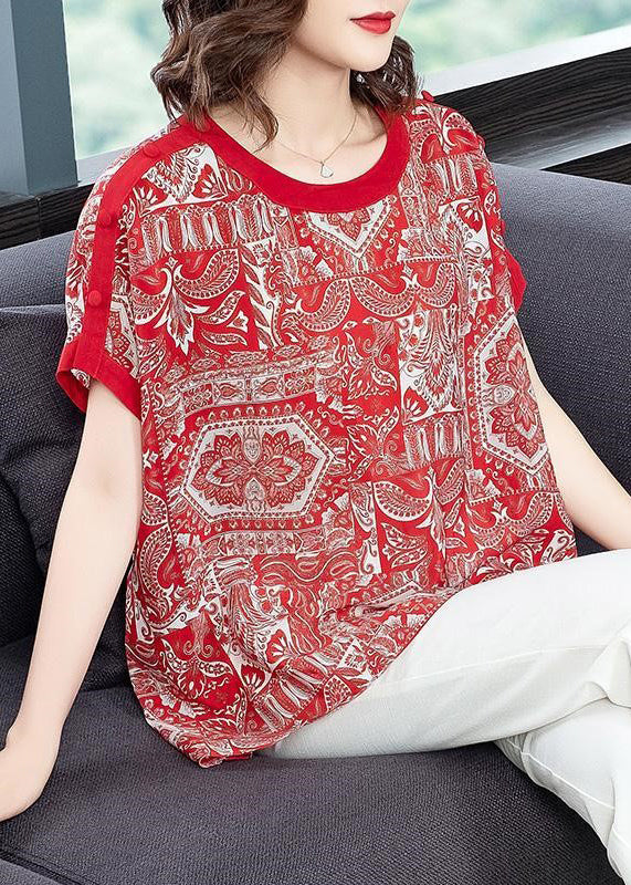 Red O-neck Print Draping Chiffon Tank Tops Short Sleeve