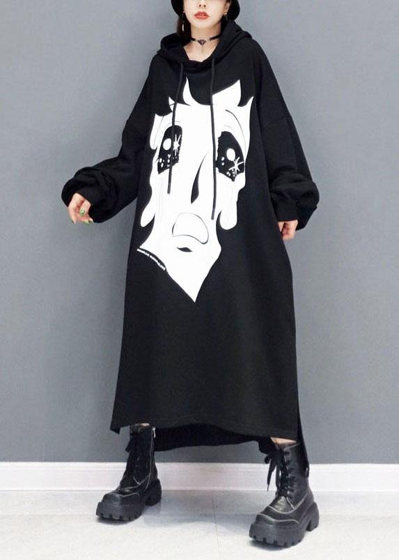 Boutique Black Hooded Print Side Open Long Dress Fall Long Sleeve