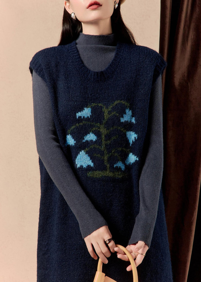 Navy Embroidered Cozy Knit Dress Sleeveless