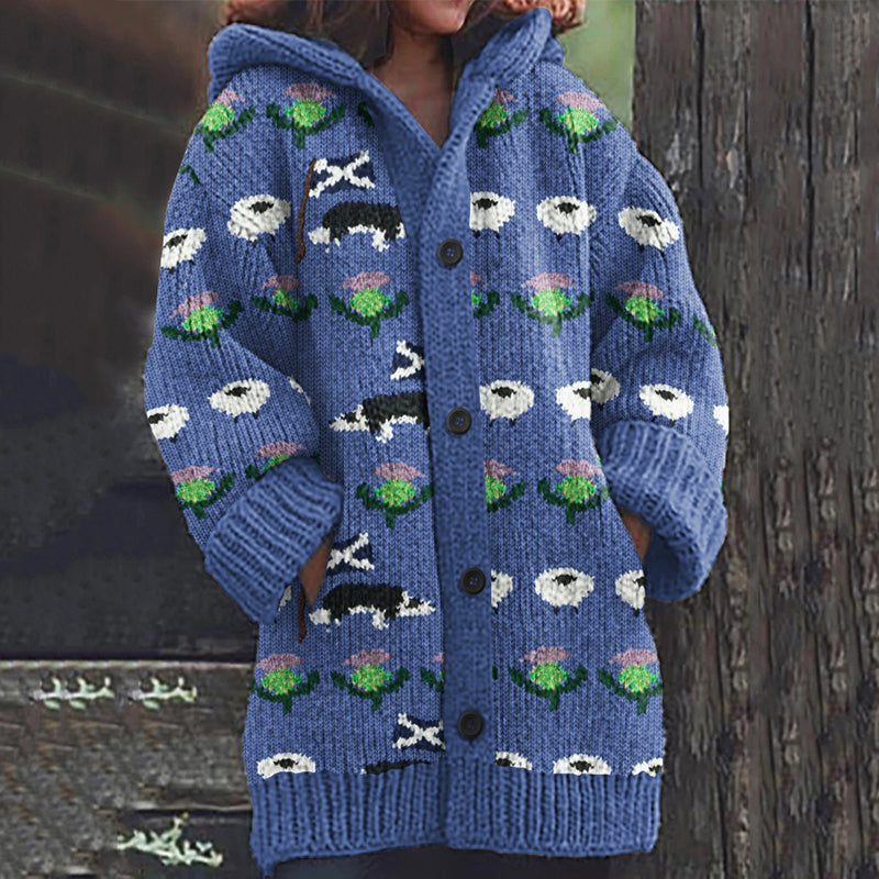Scotland Farm Print Knit Hooded Cardigan artswardrobe