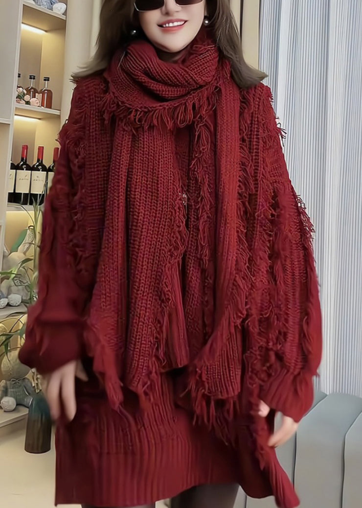 Red Tassel Patchwork Knitted Sweaters Spring