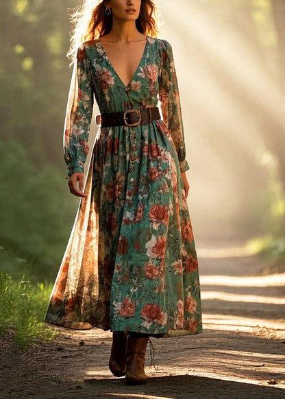 Natural Green Cinched Print Cotton Dresses Spring