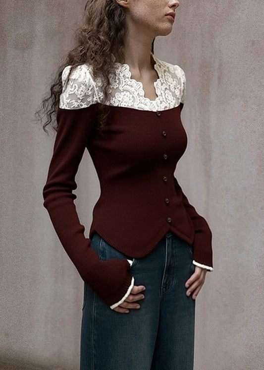 Style Brown V Neck Patchwork Lace Knit Shirts Spring