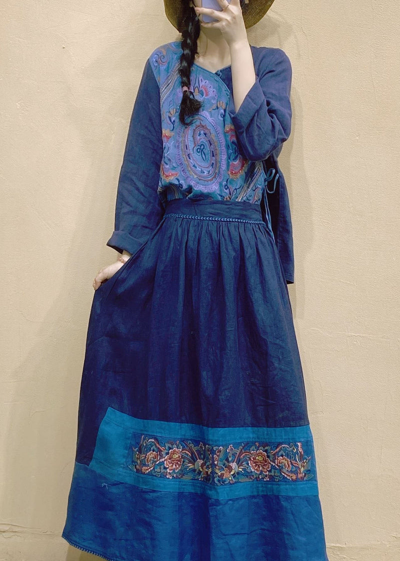 Blue V Neck Patchwork Linen Tops Long Sleeve